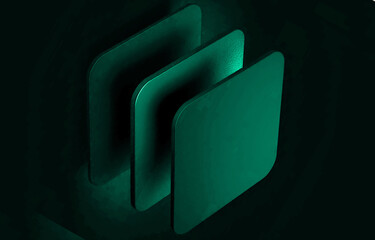 Three-dimensional geometric, irregularly overlapping,  green square shapes