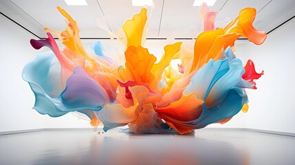 This colorful abstract artwork features flowing fabric in a minimalist studio.
