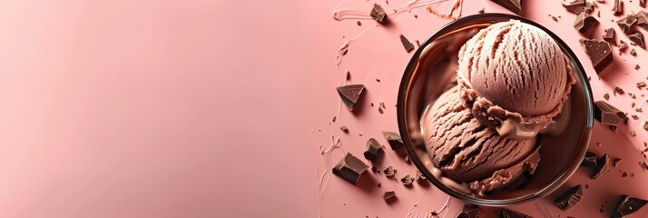 Chocolate ice cream celebration for world ice cream day with scoops in bowl. Horizontal banner. Copy space. Free space for text. Top view. Chocolate ice cream on a pink background. Top view