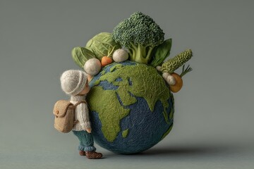 A tiny person representing the concept of saving the Earth by eating more vegetables, avoiding animal products, and adopting a healthy lifestyle.