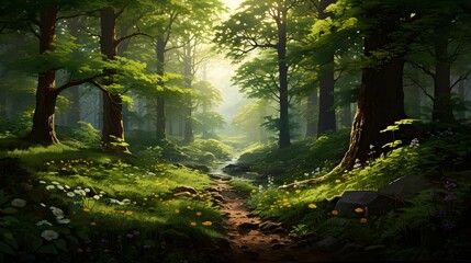 Obraz premium A peaceful forest scene with sunlight streaming through the trees, inviting exploration.