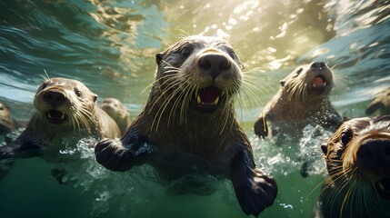 Fototapeta premium A captivating shot of otters swimming in the water, showing their playful nature and curious expressions.