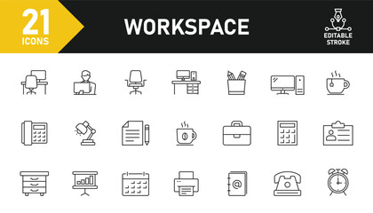 Workspace and office line icon set. Set of 21 outline icons related to coworking, desktop, devices, computer, table, office and others. Editable stroke. Vector illustration.