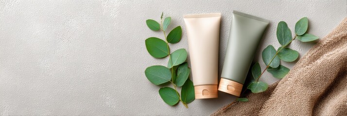 Cosmetic bottles with eucalyptus flowers towels and linen on pastel background top view flat lay natural organic skincare and spa concept perfect for beauty product branding body care wellness design