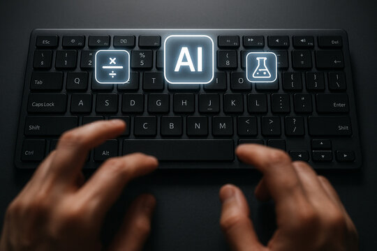 Hands typing on a keyboard with AI and educational icons, representing interactive AI learning.