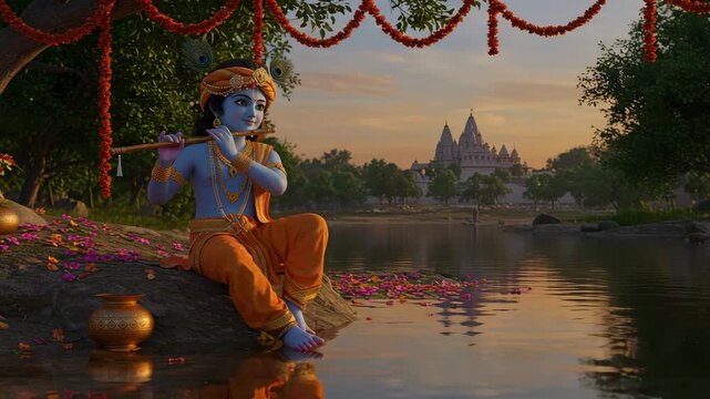 Young Krishna playing flute near Yamuna River at sunset. Spiritual 3D scene with cinematic light, peaceful mood and traditional Indian atmosphere.
