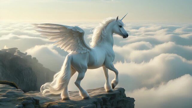 A magnificent white winged unicorn stands tall on a cliff, gliding above the clouds, capturing the spirit of freedom and fantasy in a stunning, sky-high dreamlike setting
