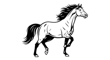 Obraz premium A majestic black and white illustration of a horse in motion, with its mane and tail flowing dynamically