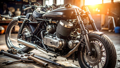 Black Custom Motorcycle in a Well Lit Garage