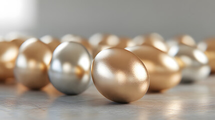 A collection of gold and silver Easter eggs on a textured surface. 