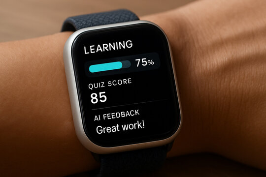 Smartwatch displays learning metrics: progress 75%, quiz score 85%, and AI feedback