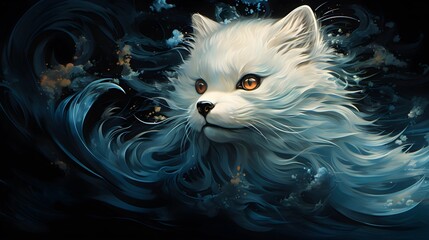 The white cat gazes from a sea of swirling blues and mystical elements in this captivating artwork.