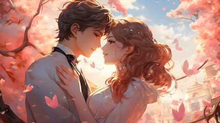 Anime couple sharing a loving moment under the cherry blossom trees in spring.