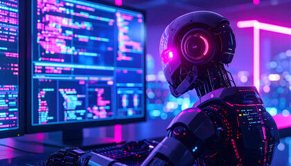 Advanced Robot Coding at Night in Neon City