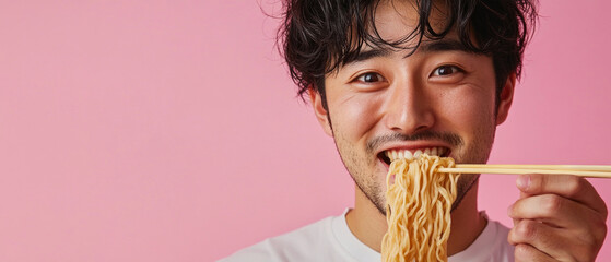 Young man eating noodles with chopsticks with a smile. Used in articles about cooking and food culture.