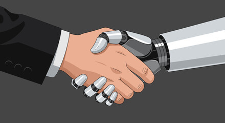 Illustration of a human hand shaking a robot hand, symbolizing the collaboration between humans and artificial intelligence in a modern business setting.