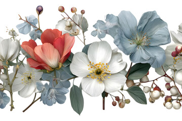 Soft hand-painted botanical illustration of mixed spring flowers and greenery, suitable for elegant wedding designs and feminine floral branding