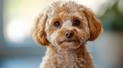 A dog with fluffy fur and big eyes. Useful for topics related to pets, pet care and lifestyle.