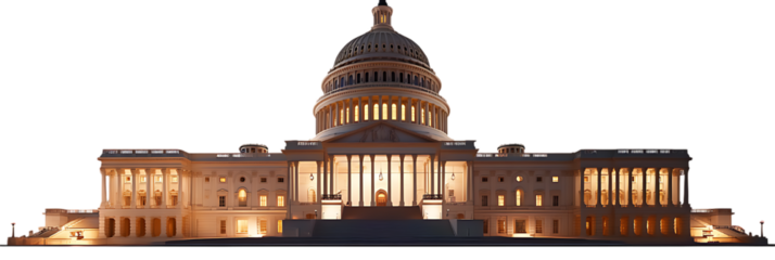 US Capitol building at night isolated on free PNG Background, Washington DC, USA.  white background in PNG format.