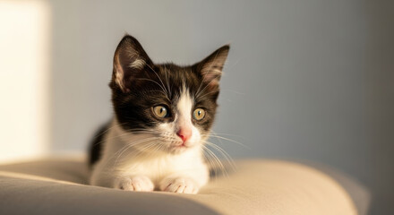 Curious black and white kitten lying on soft beige surface with sunlight illuminating fur and attentive expression, adorable young cat relaxing indoors in warm cozy environment