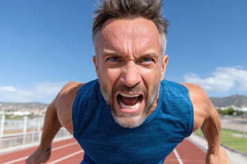 Intense male athlete in blue sportswear shouting with determination on outdoor running track under clear sky