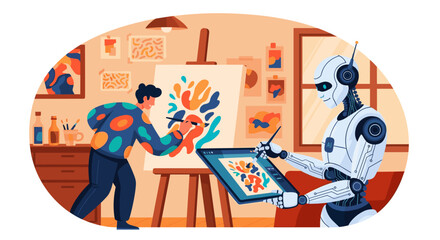A human artist and a robot collaborate on a vibrant abstract painting in a cozy art studio, showcasing creative technology and artistic innovation.