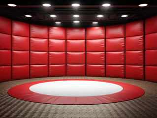 Red padded wrestling mat with clean white circle, surrounded by bright lights, modern gym interior, energetic and safe atmosphere