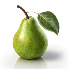 green pear with a stem and leaf on a white background