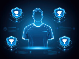 Digital athlete avatar with glowing blue outline, surrounded by trophy icons and futuristic interface, symbolizing achievement and competition