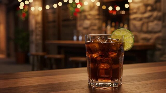 Glass of rum and cola with lime on bar counter, festive evening cocktail for World Rum Day celebration - Powered by Adobe
