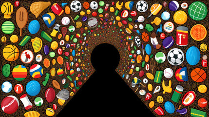 Colorful sports ball tunnel with vibrant icons basketball football tennis baseball volleyball and soccer create dynamic energetic pattern