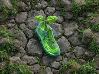 Green shoe, digital style, with glowing effect and plant sprout on cracked stone ground, symbolizing eco friendly innovation