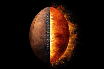 Half of rugby ball splits open with golden light and fiery energy bursting out, dramatic and dynamic on black background