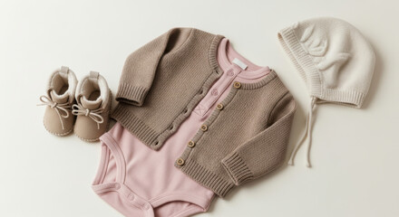 Neutral toned knitted baby cardigan and bonnet paired with soft pink bodysuit and matching booties arranged flat on light background for minimalist newborn fashion