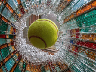 Tennis ball breaking through stained glass window dynamic action colorful shards close up dramatic indoor motion energy excitement