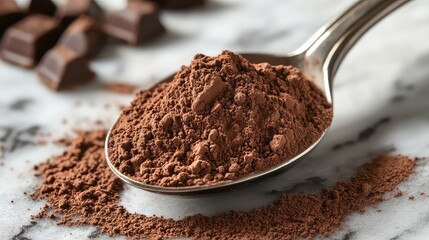 Cocoa powder in metal spoon on marble background, rich chocolate ingredient close-up for baking, food styling, or recipes