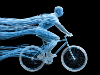 Cyclist energy line flow motion digital abstract blue speed dynamic concept technology sport fitness healthy exercise male silhouette futuristic
