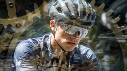 Cyclist wearing helmet sunglasses sportswear overlaid with gear shapes focused expression outdoor active energetic modern style