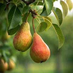 Two ripe pears hanging on a tree branch with green leaves