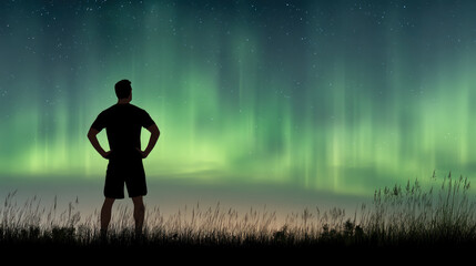 Silhouette man aurora night sky grass landscape nature standing peaceful outdoor field stargazing horizon calm scenic beautiful tranquil summer