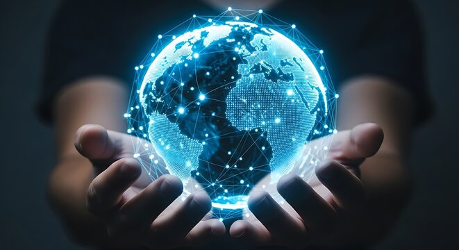 Hands holding a glowing digital globe with network