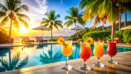Tropical Cocktails by the Pool at Sunset