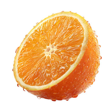 Close up of a juicy orange slice with water droplets glistening on its surface isolated on transparent background