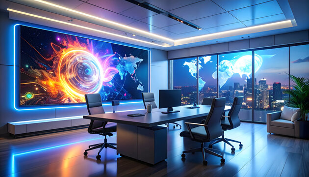 Futuristic Office with Global Network Display at Night