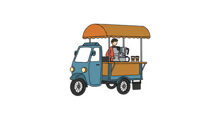 Fototapeta premium Mobile Coffee Cart Illustration with Vendor and Machine