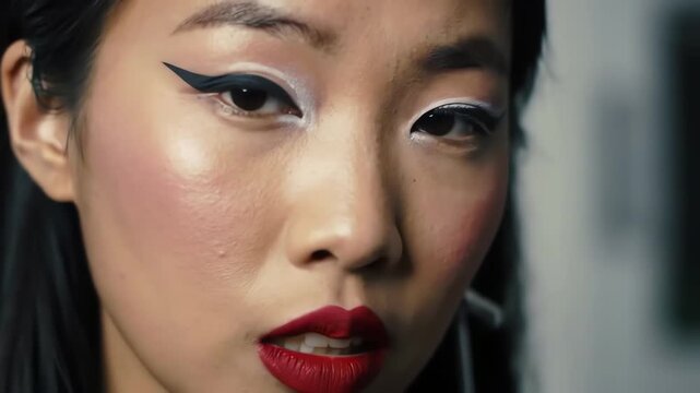 A close up portrait of a beautiful Asian woman with dramatic makeup red lipstick and winged eyeliner