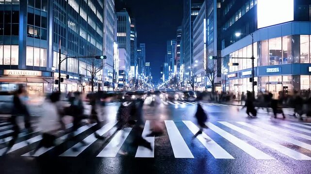 Urban motion presents bustling city street views with pedestrians crossing during a vibrant night scene, capturing fast paced city life.