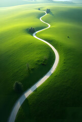 Aerial View of a Winding Road Through a Green Field top view
