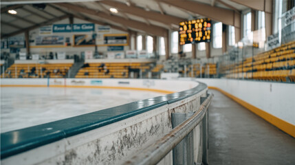 Empty ice rink with yellow seating, scoreboard, and curved barrier, creating calm and quiet atmosphere in indoor sports arena