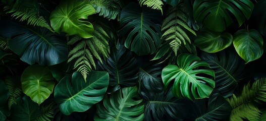 Creative design elements can feature Monstera green leaves or Monstera Deliciosa in dark tones, set against backgrounds of green leafy tropical pine forest patterns, along with Philodendron monstera
